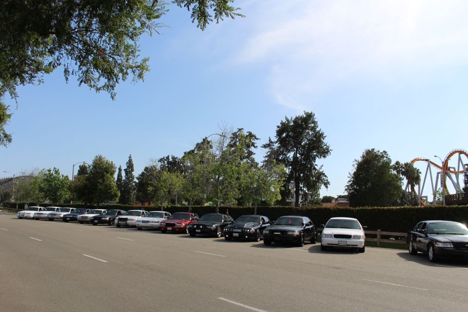 Diagonal line of parked sedans with roller coaster behind