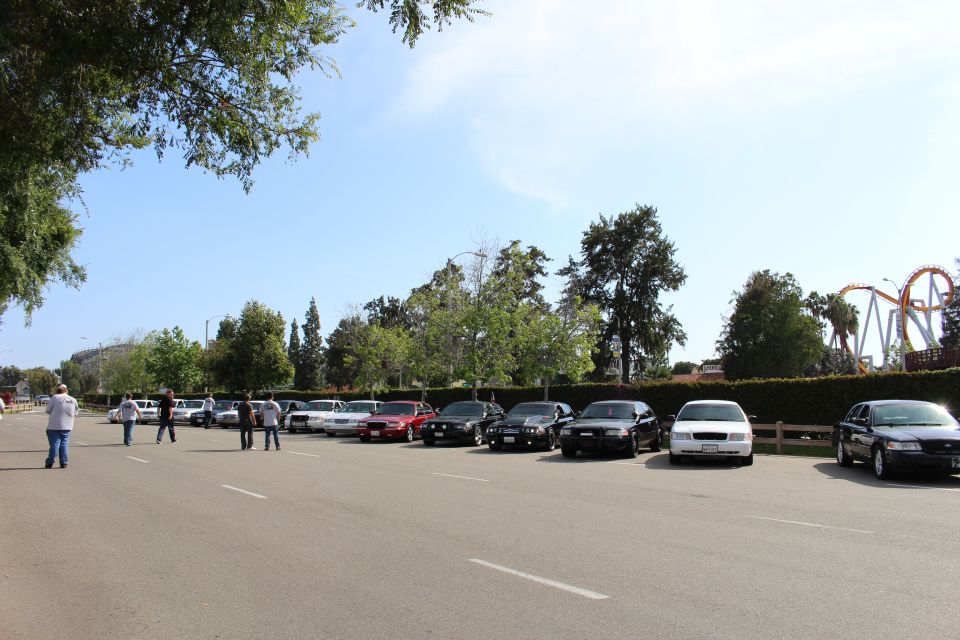 People walking in a lot beside a row of parked sedans
