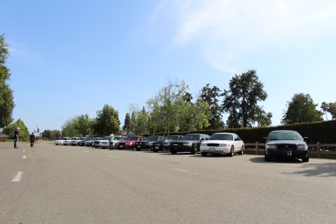 Row of sedans parked along a paved lot under blue sky, person walking at left