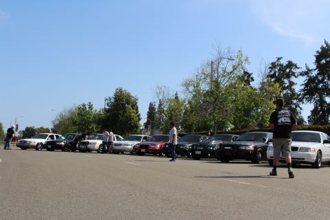 Parked sedans with several people standing in the lot, one man in black shirt foreground