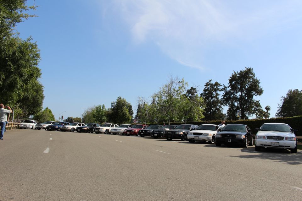 Row of parked sedans across a wide paved lot with a person at far left