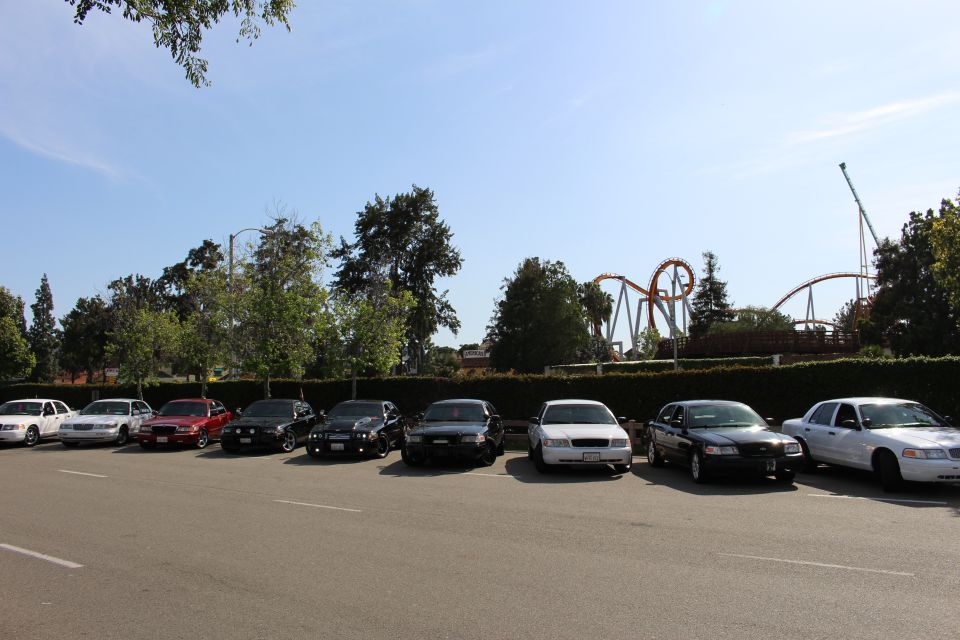 Row of parked sedans in a lot with roller coaster track behind