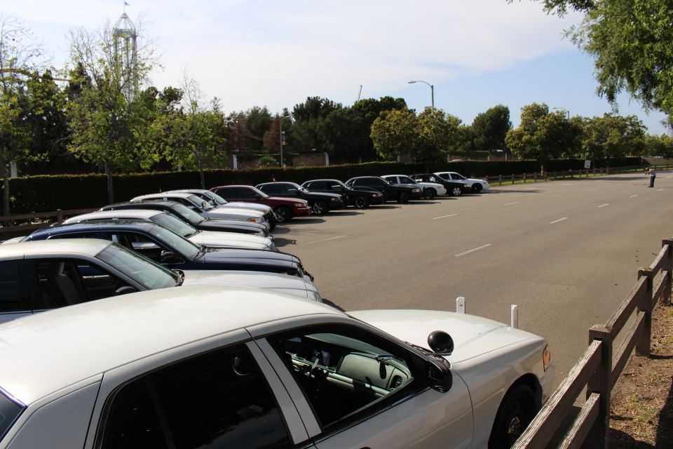 White sedan in foreground with a long row of parked cars across a lot