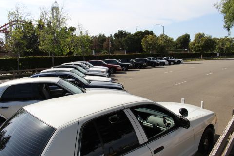 White sedan in foreground beside a row of parked cars along a hedge