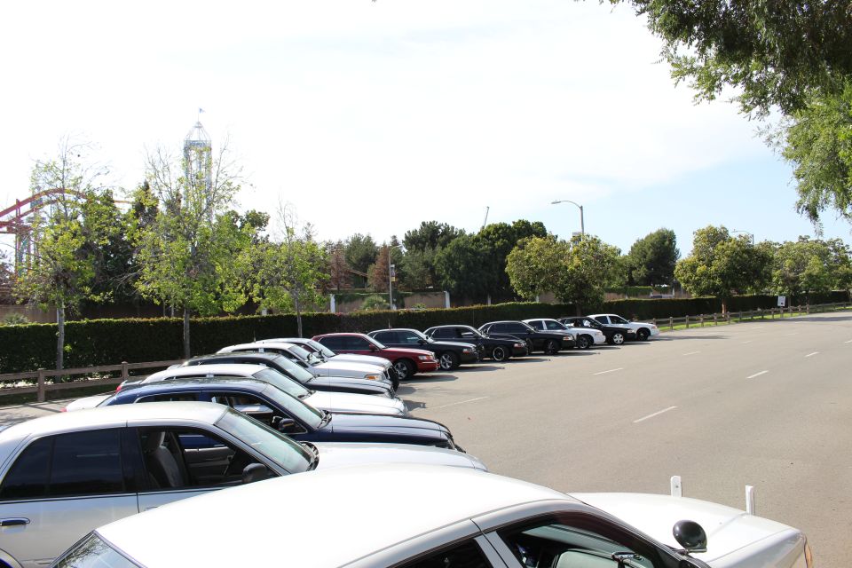 Row of parked cars along a hedge with a silver sedan in the foreground
