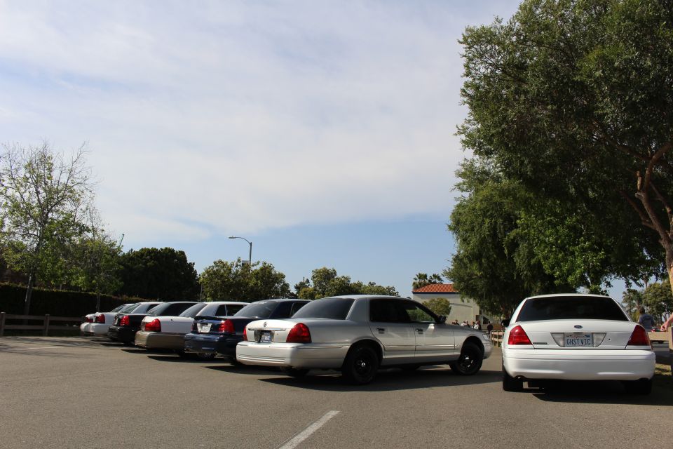 Rear three-quarter view of white and silver sedans parked in a row