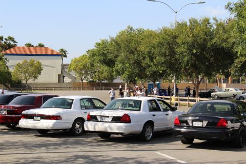 White and dark sedans parked at angles with a crowd of people in the background