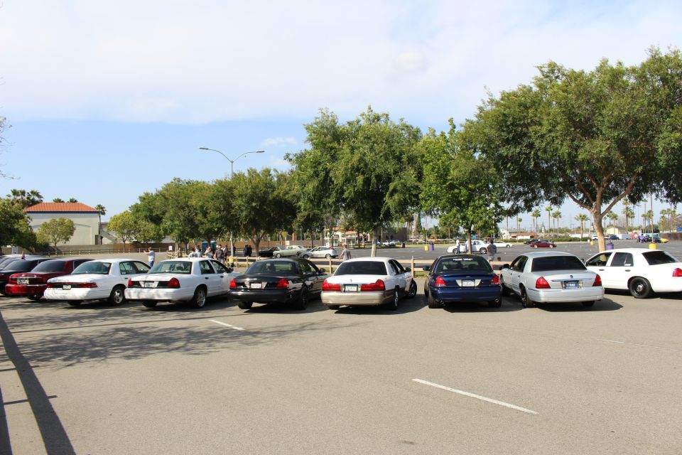 Row of parked sedans across a lot with trees and people gathered behind