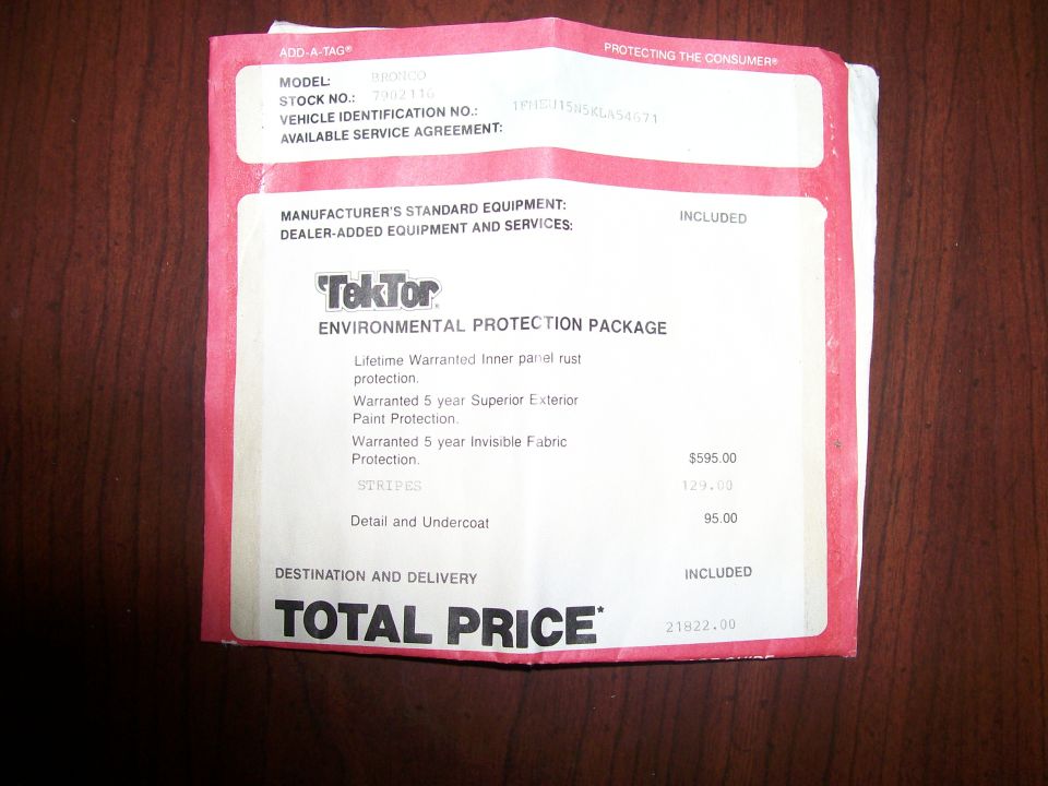 Dealer add-on sticker for TekTor Environmental Protection Package priced at $595.00 with total price