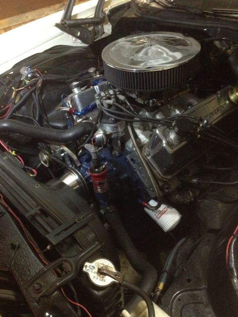 1972 Ford Ranchero - Close-up view of a modified engine bay, showing various components and wiring.