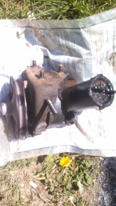 1979 Ford Bronco - A dirty power steering pump with its pulley is shown resting on a spread of newspaper on the grass.