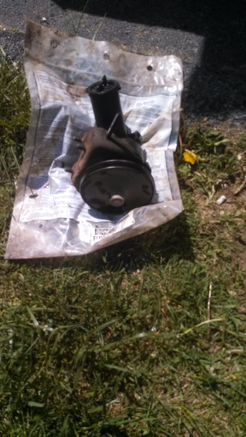 1979 Ford Bronco - A power steering pump sits on its packaging on a grassy area.