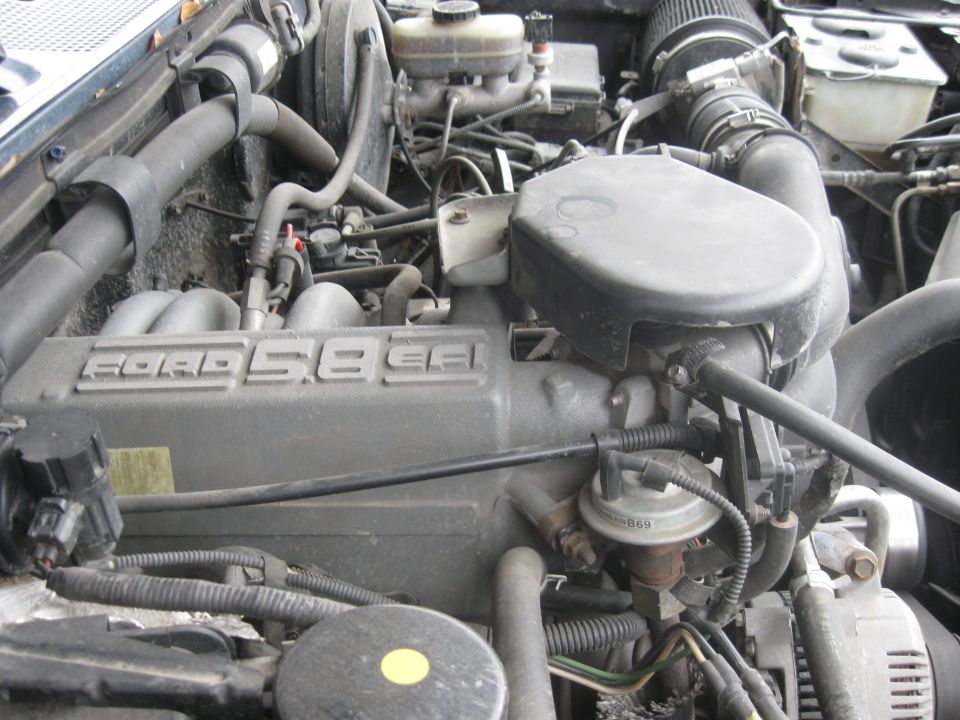 Ford 5.8L engine with air intake and brake fluid reservoir visible