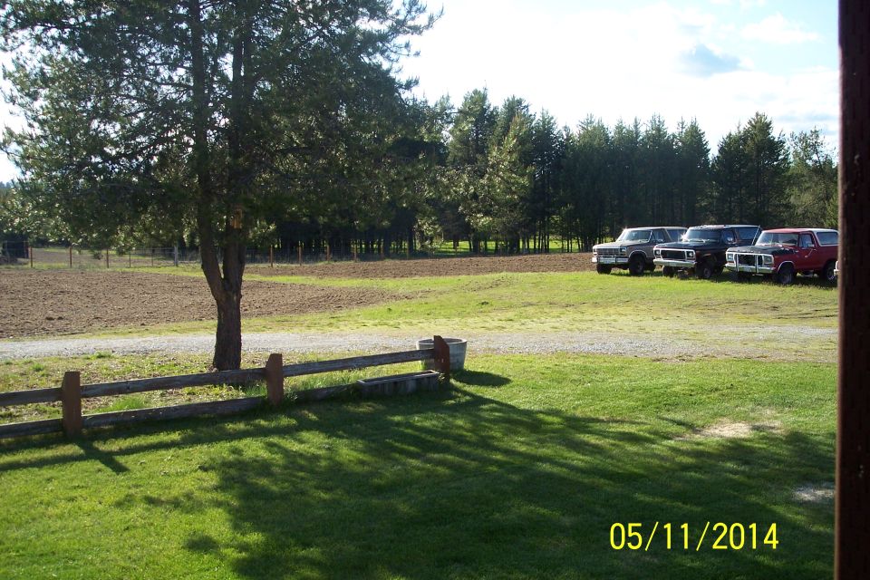 four trucks parked in a grassy field with trees in the background