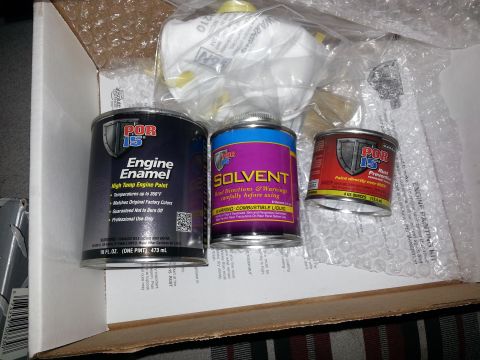 1994 Ford Bronco - Three cans of POR-15 automotive products, including Engine Enamel, Solvent, and Rust Preventative, are packaged in a box.