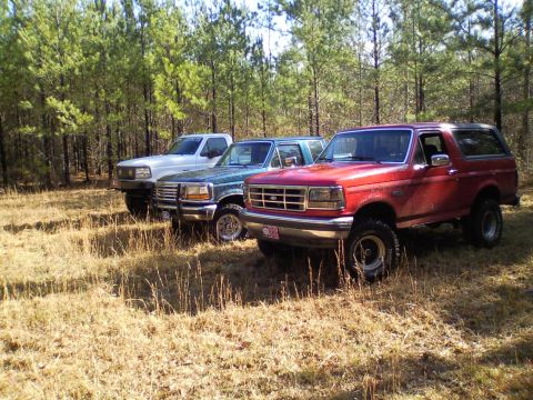 1992 Ford Bronco - Three Ford SUVs, including a red 1992 Bronco, are parked in a dry, grassy field with a line of trees behind them.