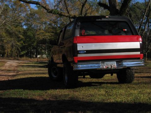 1992 Ford Bronco - A lifted 1992 Ford Bronco is parked on a grassy area with trees in the background.