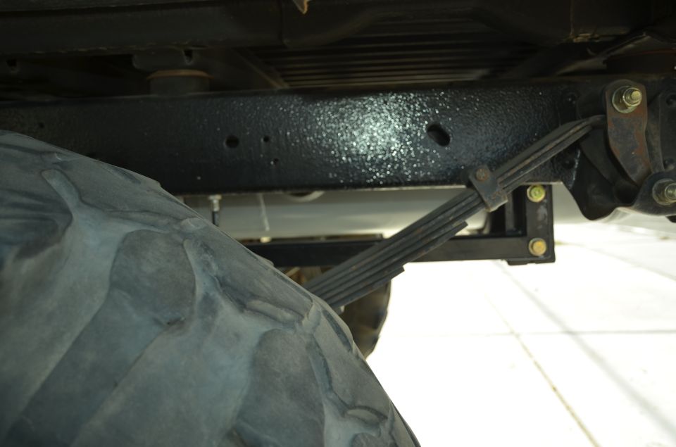 Close-up of leaf spring suspension and large tire tread