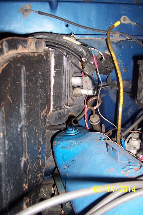 1978 Ford Bronco - Close-up of engine bay wiring and a blue component, dated 05/14/2014.