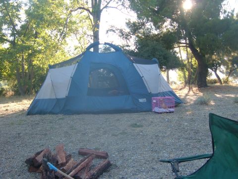 1988 Ford Bronco - A campsite scene with a tent, firewood, and a dog crate under trees.