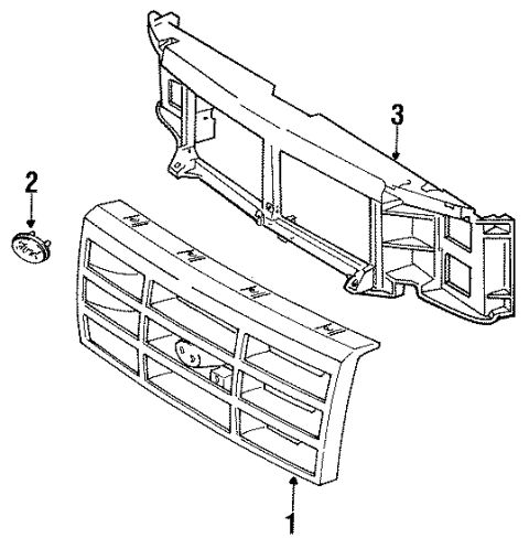 1987 Ford Bronco - Exploded view diagram showing the front grille and bumper components.