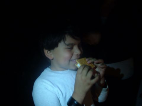 1988 Ford Bronco - A young person enjoys a s'more in the dark, with a website watermark visible.