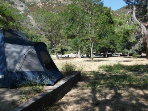 1988 Ford Bronco - A blue tent is set up at a campsite, with trees and hills visible in the distance.