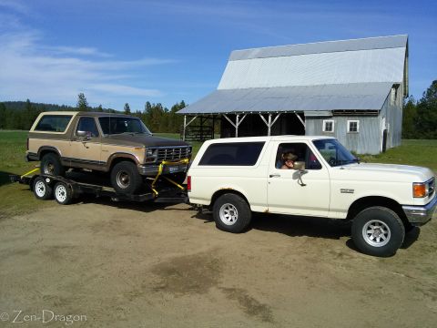1990 Ford Bronco - A white Ford Bronco tows a tan Bronco on a trailer, with a barn in the background under a blue sky.