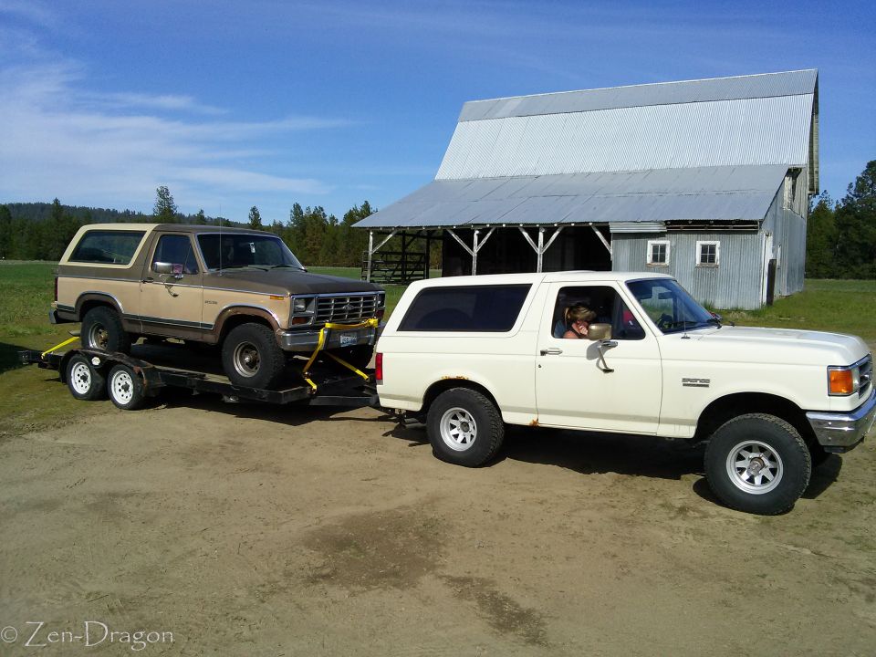 White Ford Bronco towing a tan Ford Bronco on a trailer in front of a barn