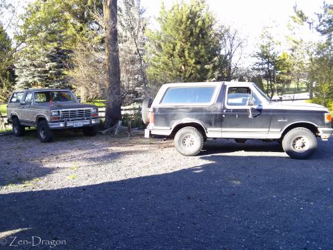 1990 Ford Bronco - Two Ford Broncos are parked side-by-side in a gravel lot with trees behind them.