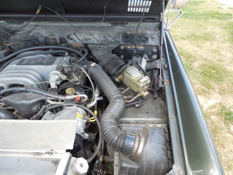 1975 Ford Bronco - Engine bay of a green vintage Ford Bronco fitted with a fuel-injected Ford V8 wearing a cast intake with 5.0-style upper plenum, showing th…
