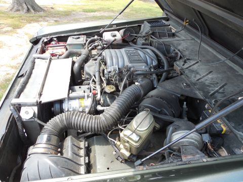 1975 Ford Bronco - Overall engine bay view of a green vintage Ford Bronco with a fuel-injected Ford V8 swap, showing the cast upper intake plenum and Ford-scr…