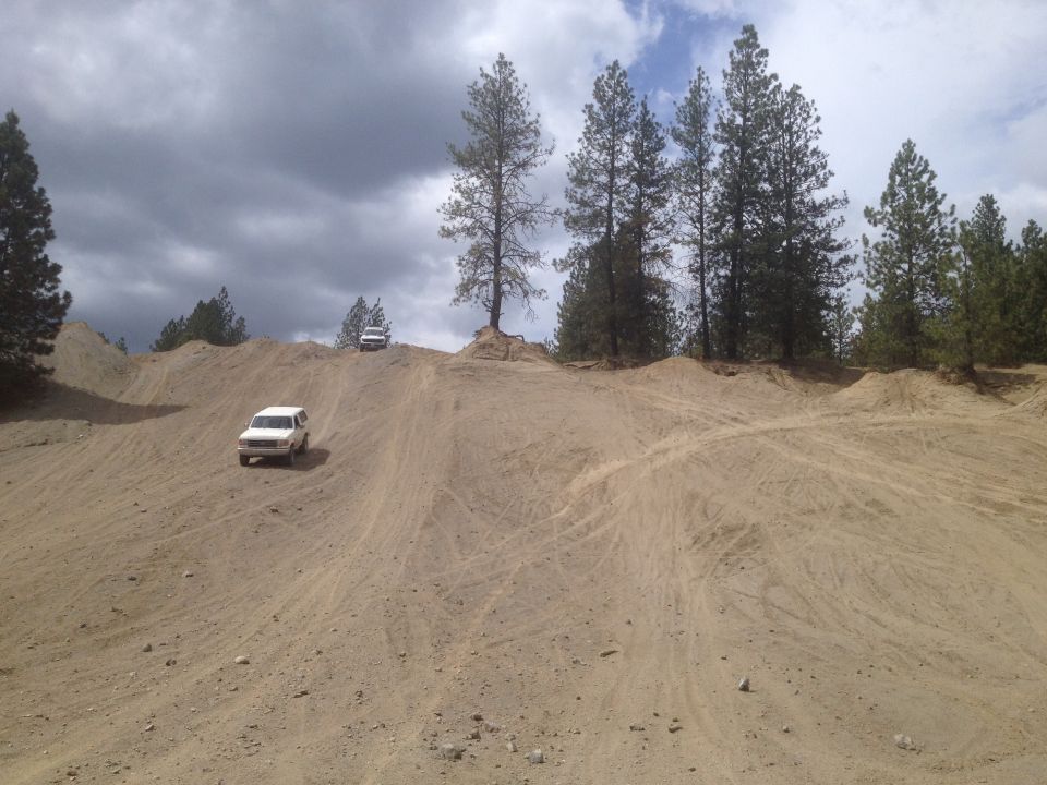 Two white SUVs driving on sandy off-road trails with pine trees and cloudy sky