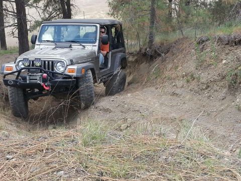 2005 Jeep Wrangler - A silver Jeep Wrangler navigates a dirt path surrounded by trees and foliage.