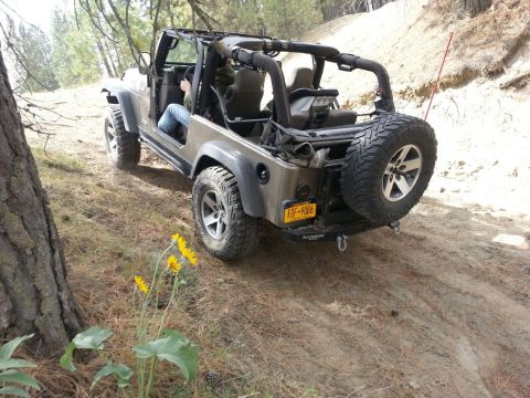 2005 Jeep Wrangler - A brown Jeep Wrangler drives off-road on a dirt path surrounded by trees.