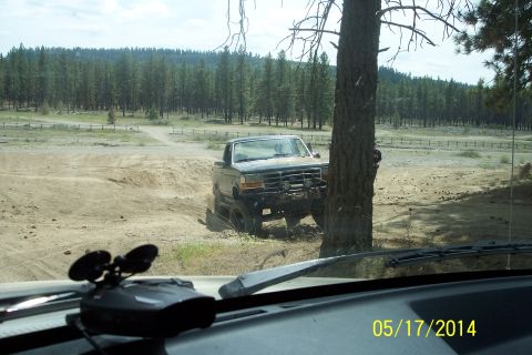 1990 Ford Bronco - Off-road scene with a Ford F-Series truck navigating a dirt path next to a large tree.