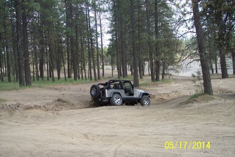 1990 Ford Bronco - A gray Jeep Wrangler navigates a dirt path surrounded by tall pine trees.
