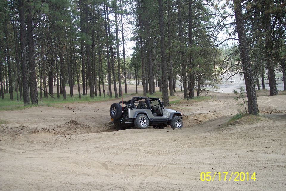 Gray Jeep Wrangler on dirt path in pine forest