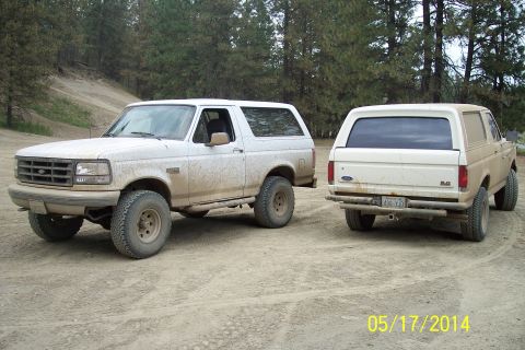 1990 Ford Bronco - Two white Ford Broncos are parked on a dirt road with trees in the background.