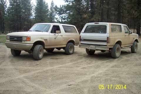 1990 Ford Bronco - Two Ford Broncos are parked on a dirt road with trees in the background.