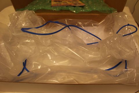2003 Ford Crown Victoria - open cardboard shipping box is filled with crumpled clear plastic packaging marked by blue draw ties.