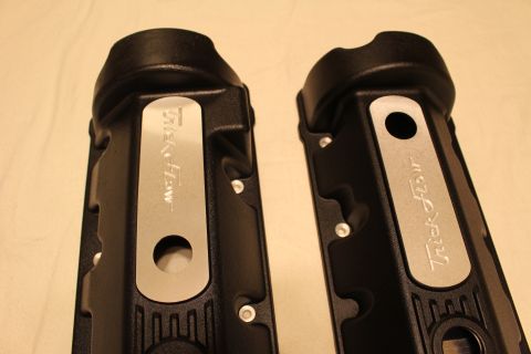 2003 Ford Crown Victoria - Close-up of the ends of two black valve covers showing rounded caps and brushed aluminum plates engraved Trick Flow.