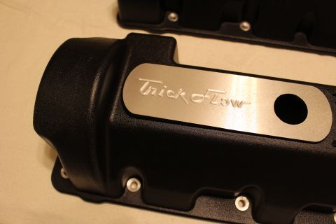 2003 Ford Crown Victoria - Tight close-up of one black valve cover's rounded end and brushed aluminum plate engraved with the Trick Flow script.