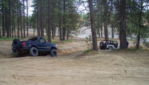 2005 Jeep Wrangler - Two off-road vehicles navigate a sandy path through a pine forest.