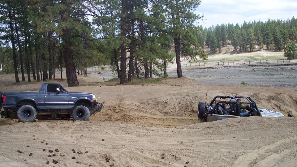 Dark blue pickup truck and a light-colored off-road buggy in a sand pit with trees in background