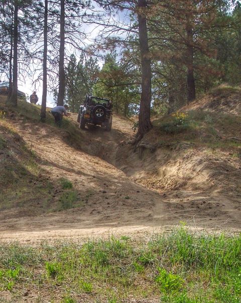 2005 Jeep Wrangler - A Jeep navigates a steep, sandy trail surrounded by pine trees.