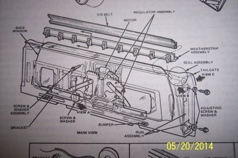1990 Ford Bronco - This diagram illustrates the tailgate window mechanism and its various components for repair or reference.