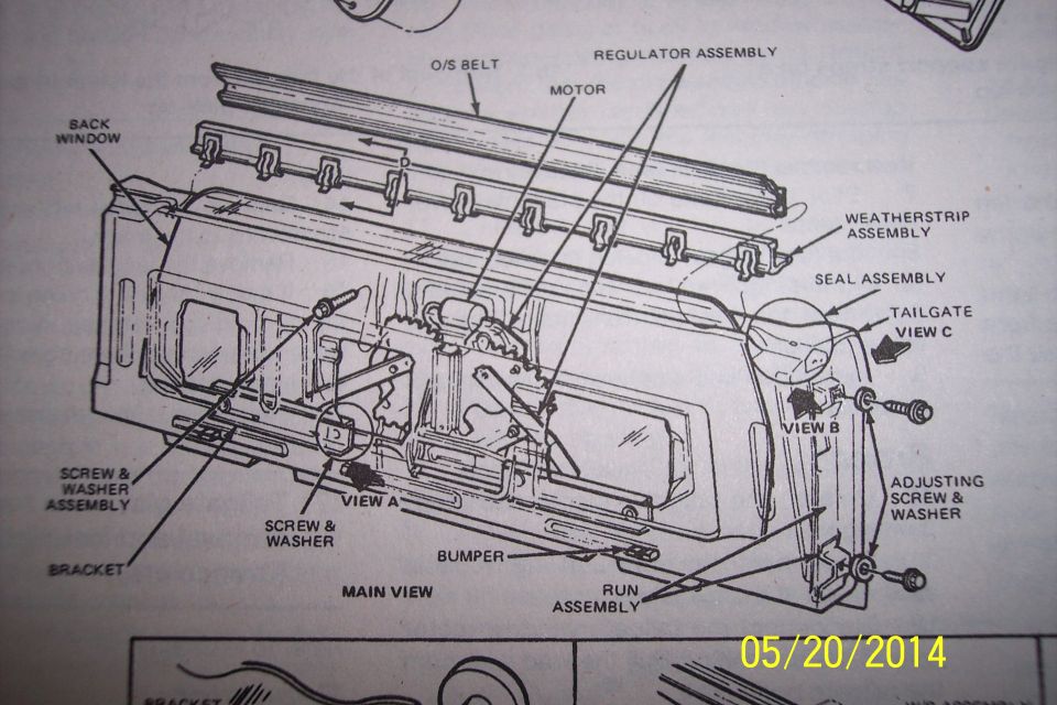 Exploded view of tailgate window regulator, motor and seal assemblies with labeled parts
