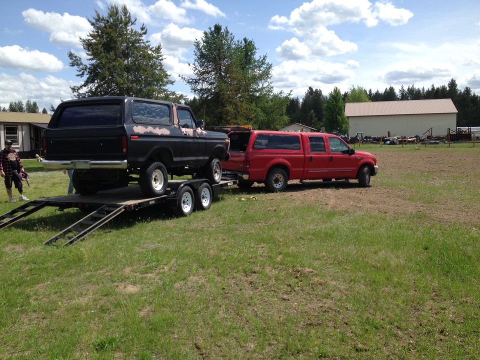 Black 1978 Ford Bronco on a trailer, showing rust spots on the body, viewed from the rear three-quarter angle