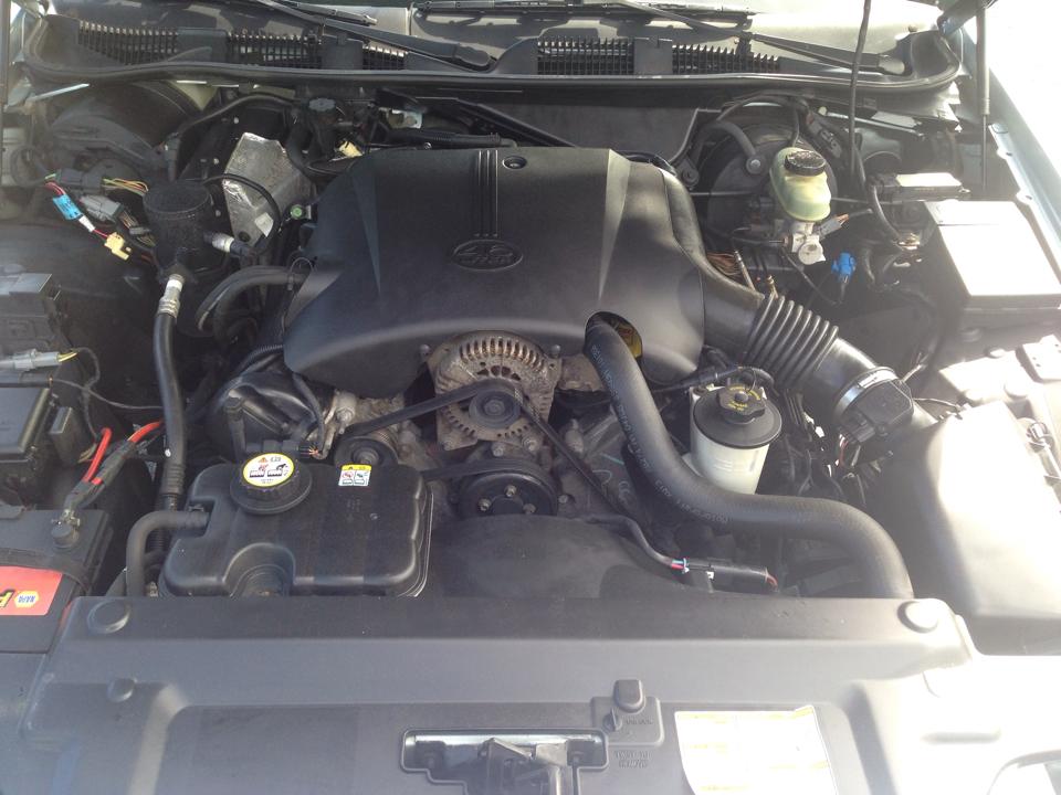 Engine bay of a Ford Crown Victoria, showing the V8 engine and associated components